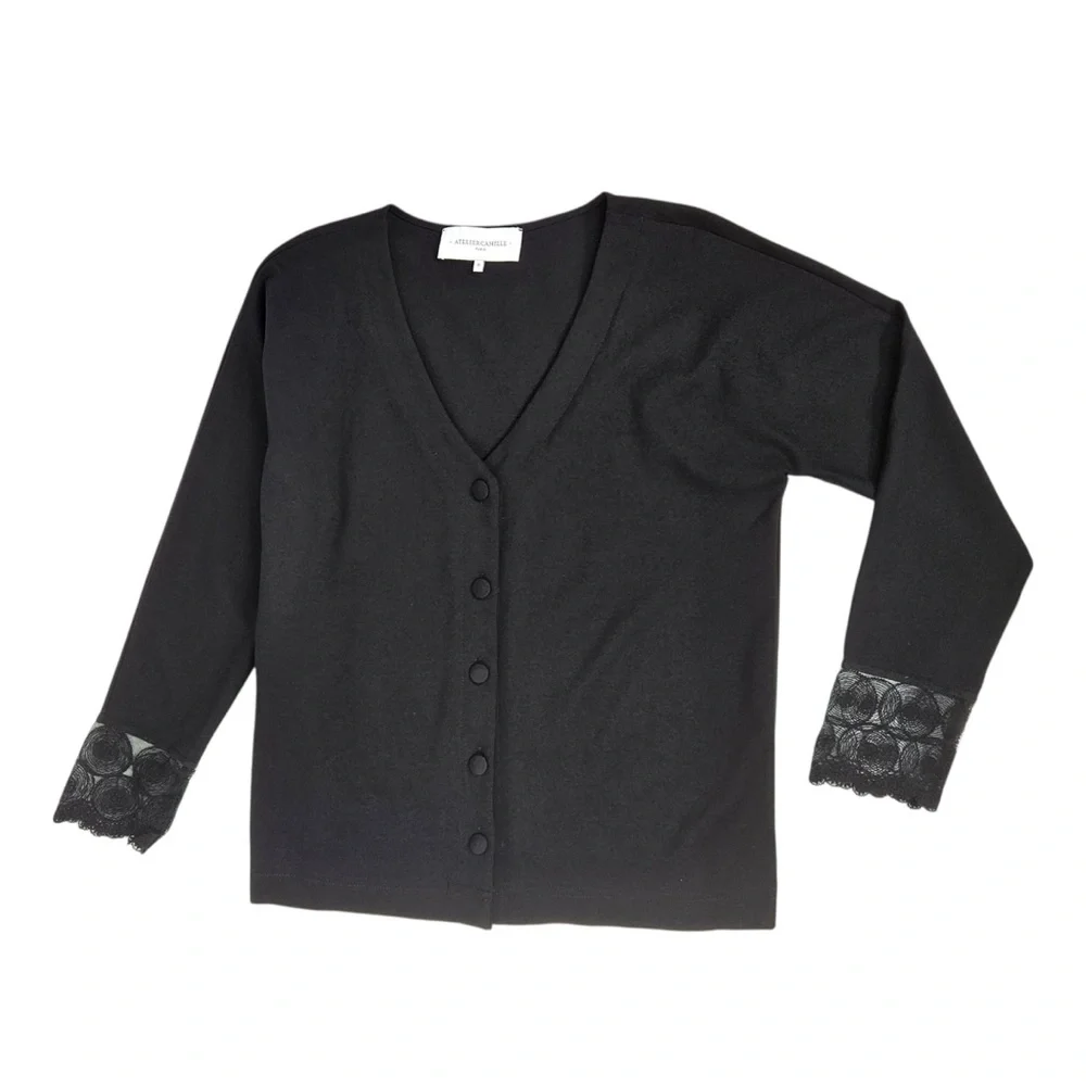 ATELIER CAMILLE Anthropologie Cardigan Viscose Lace Cuffs Women’s Size 0 France - Picture 4 of 14